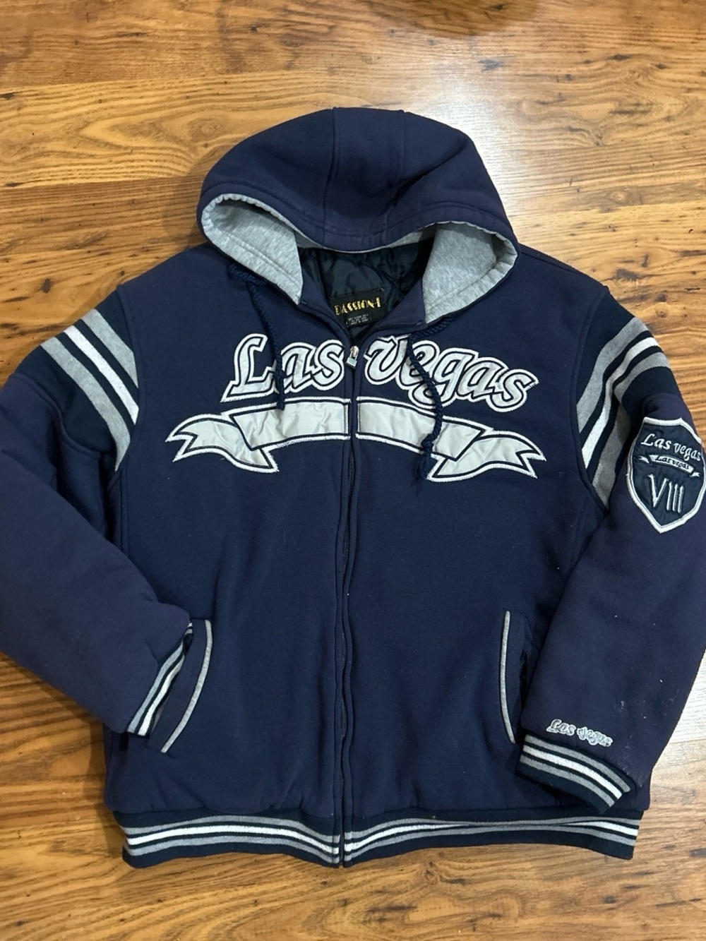 Navy Hooded Varsity Bomber Jacket with 'Las Vegas' Script